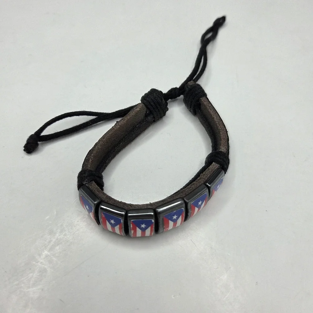 Puerto Rico Flag Bracelet Leather Cord Adjustable Slider Bead Charm Brown Black
